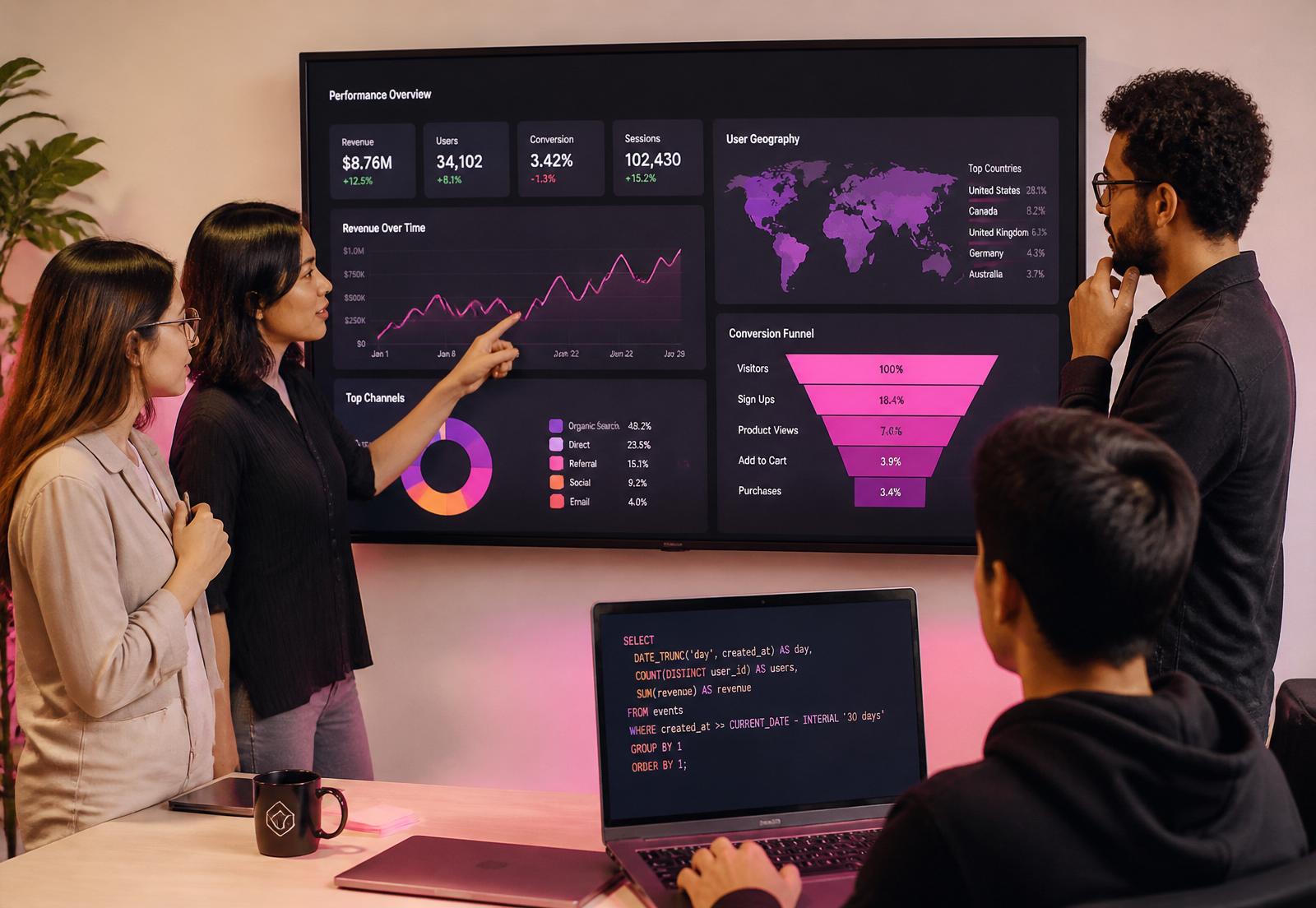 Squad de dados apresentando dashboards em uma sala de reunião